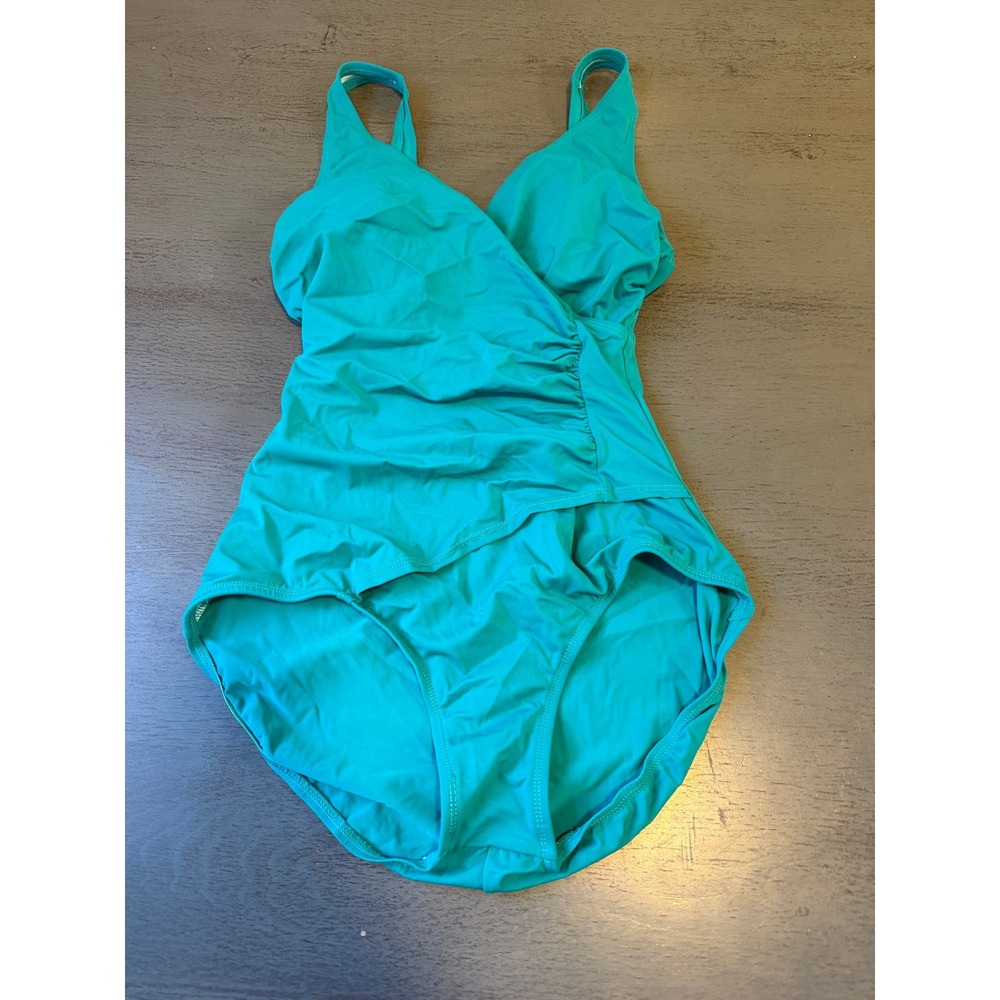 Jantzen Classics Teal Green Surplice Wrap One Piece Swimsuit Size 10 Ruched